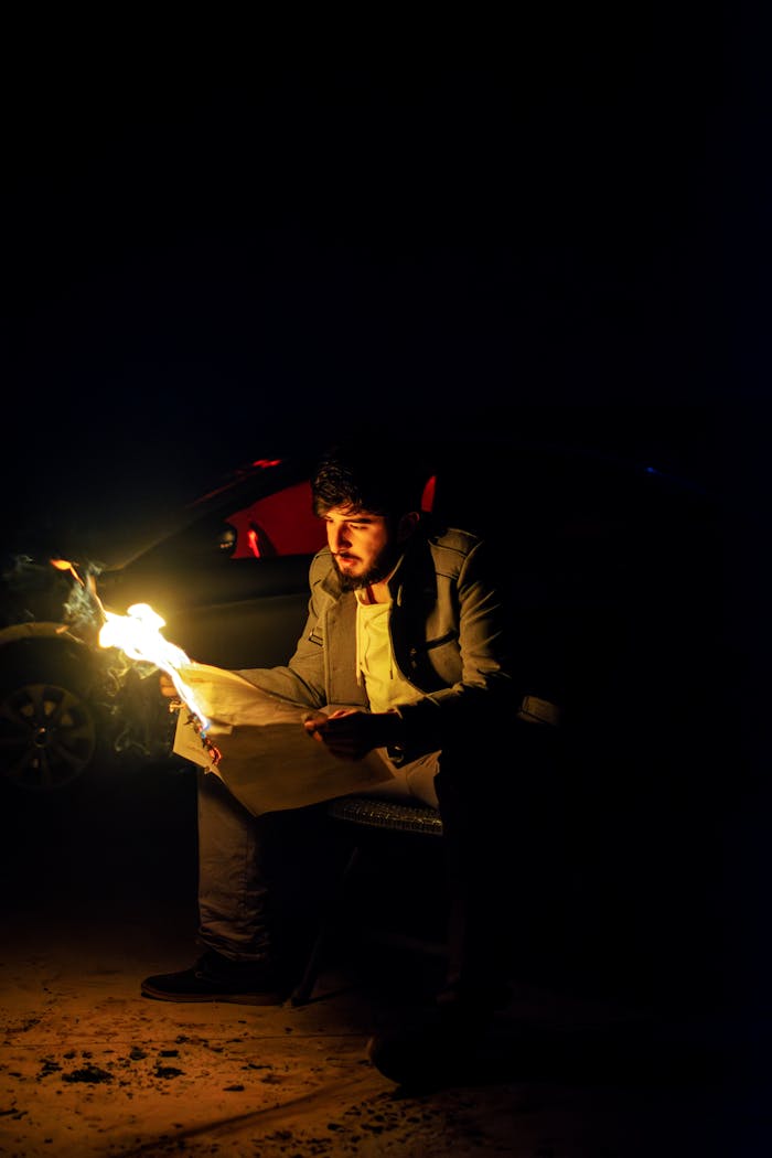 Moody night scene featuring a man sitting and holding burning paper, evoking themes of solitude and contemplation.